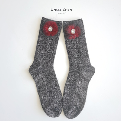 陈小叔手工毛绒绒水晶装饰女款中筒袜甜美小众奢华个性袜子