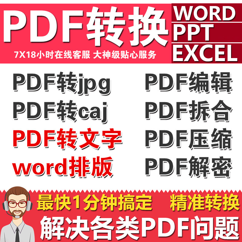 PDF编辑器pdf转word/EXCEL/PPT修改合并拆分格式转换器去水印人工
