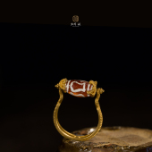 千年老古珠蚀花戒指环子18K黄金镶嵌原创设计小众轻奢高级感玛瑙