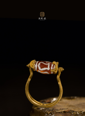 千年老古珠蚀花戒指环子18K黄金镶嵌原创设计小众轻奢高级感玛瑙
