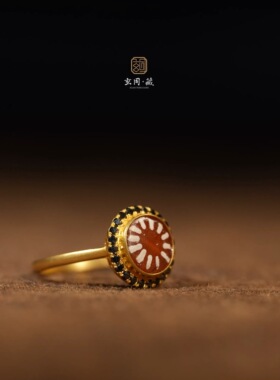 精致小众复古董古法镶钻玛瑙天眼珠戒指18K黄金镶嵌高级感饰品女
