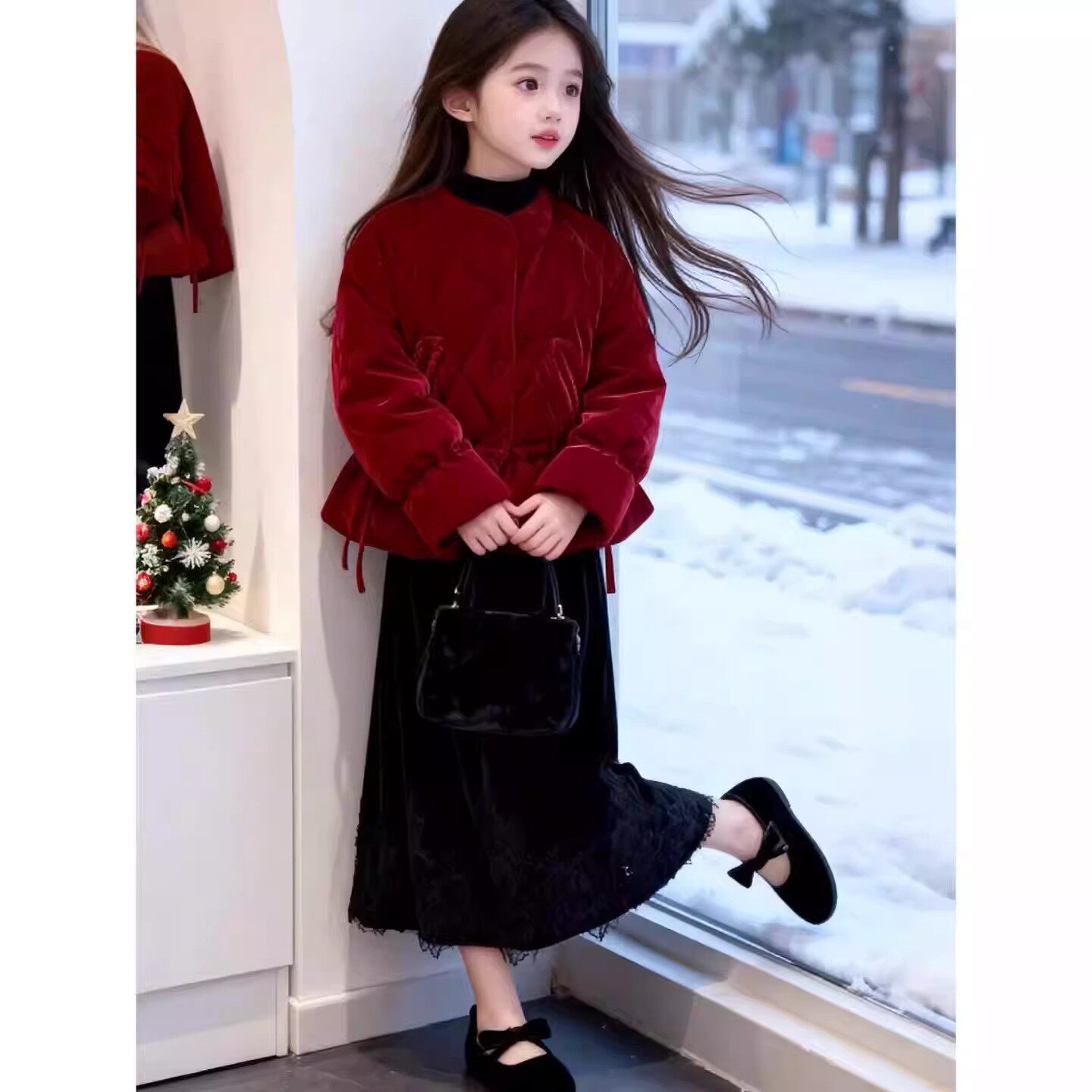 法国Fad KARAN国风女童棉服短款冬季新款大童丝绒收腰红色拜年服