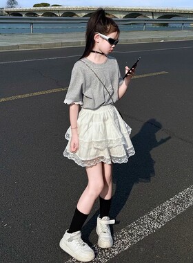 法国Fad Karan女童短袖t恤套装2025夏装新款蕾丝花边半身裙两件套