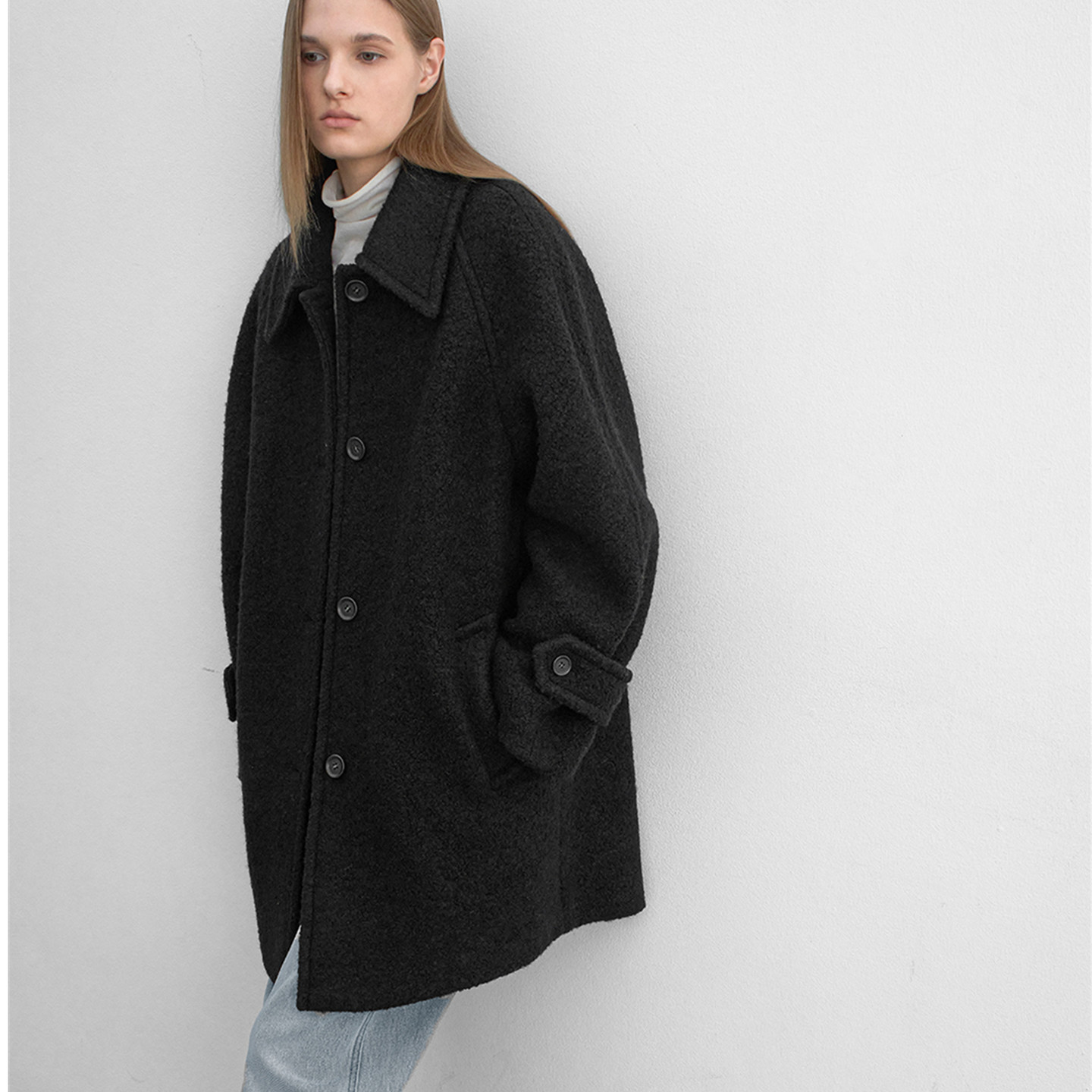 粗花羊毛呢中长款廓形大衣外套