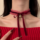 HEY TAO圣诞节红色丝绒蝴蝶结蕾丝choker项链纯欲气质颈链配饰女