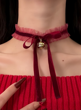 HEY TAO圣诞节红色丝绒蝴蝶结蕾丝choker项链纯欲气质颈链配饰女