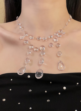 HEY TAO清透感多层透明水珠流苏项链女时尚小众设计感锁骨链配饰