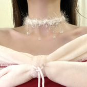 HEY TAO超仙圣诞节白色毛绒choker项链甜美秋冬氛围感毛衣链颈带