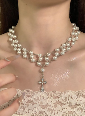 HEY TAO复古甜酷气质珍珠choker十字架吊坠项链女小众个性锁骨链