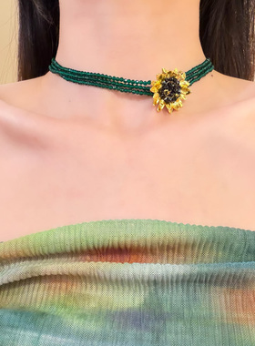 HEY TAO复古绿色向日葵花朵串珠项链多层叠戴锁骨链配饰气质颈链