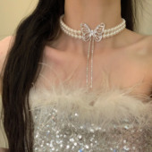 HEY TAO法式 气质复古蝴蝶双层珍珠流苏项链女小众设计高级锁骨链