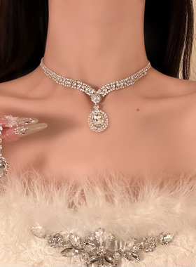 HEY TAO轻奢闪钻水晶锆石吊坠项链女高级感颈链晚礼服配饰锁骨链