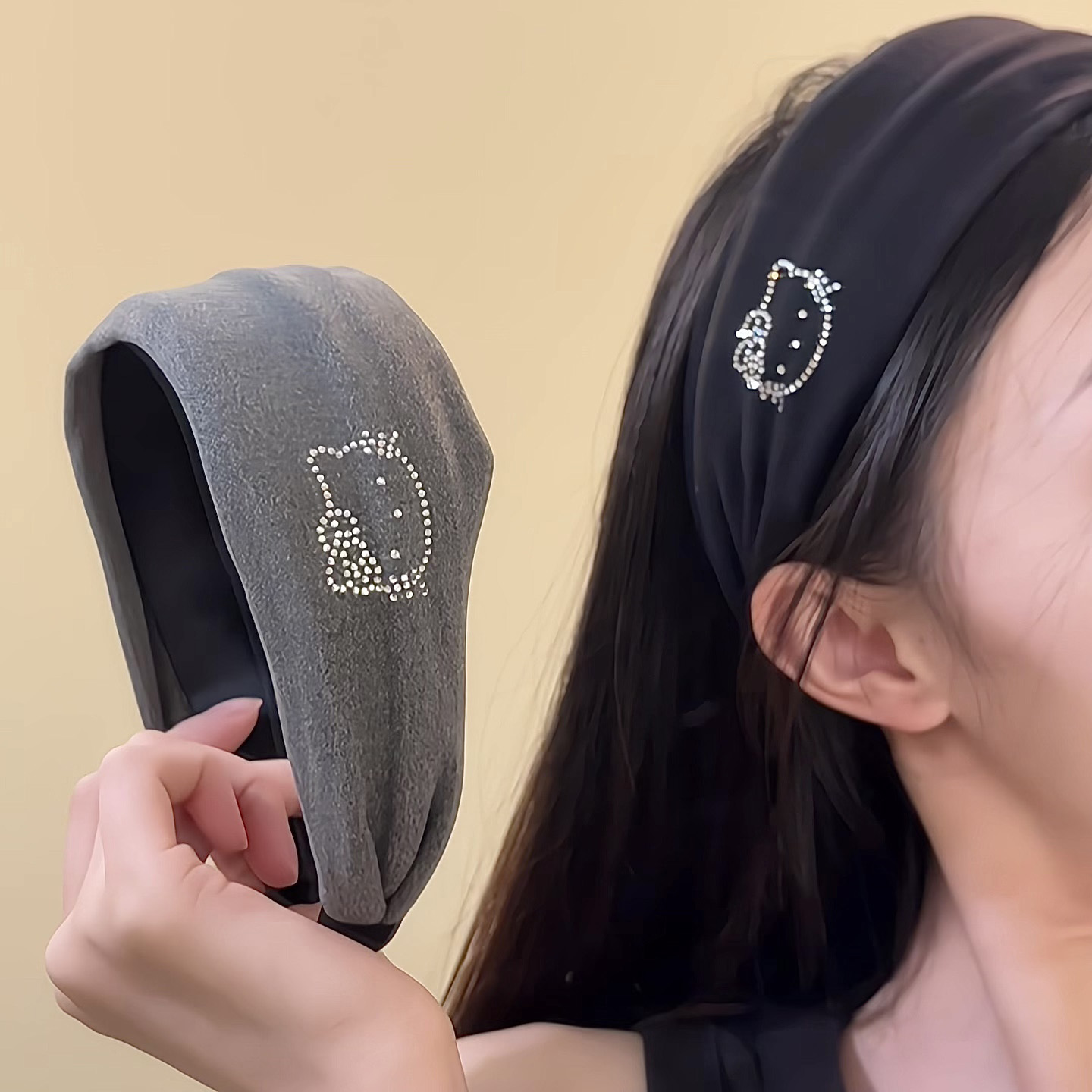 HEY TAO甜酷个性烫钻Kitty发箍百搭宽边头箍高颅顶发卡压发发饰品