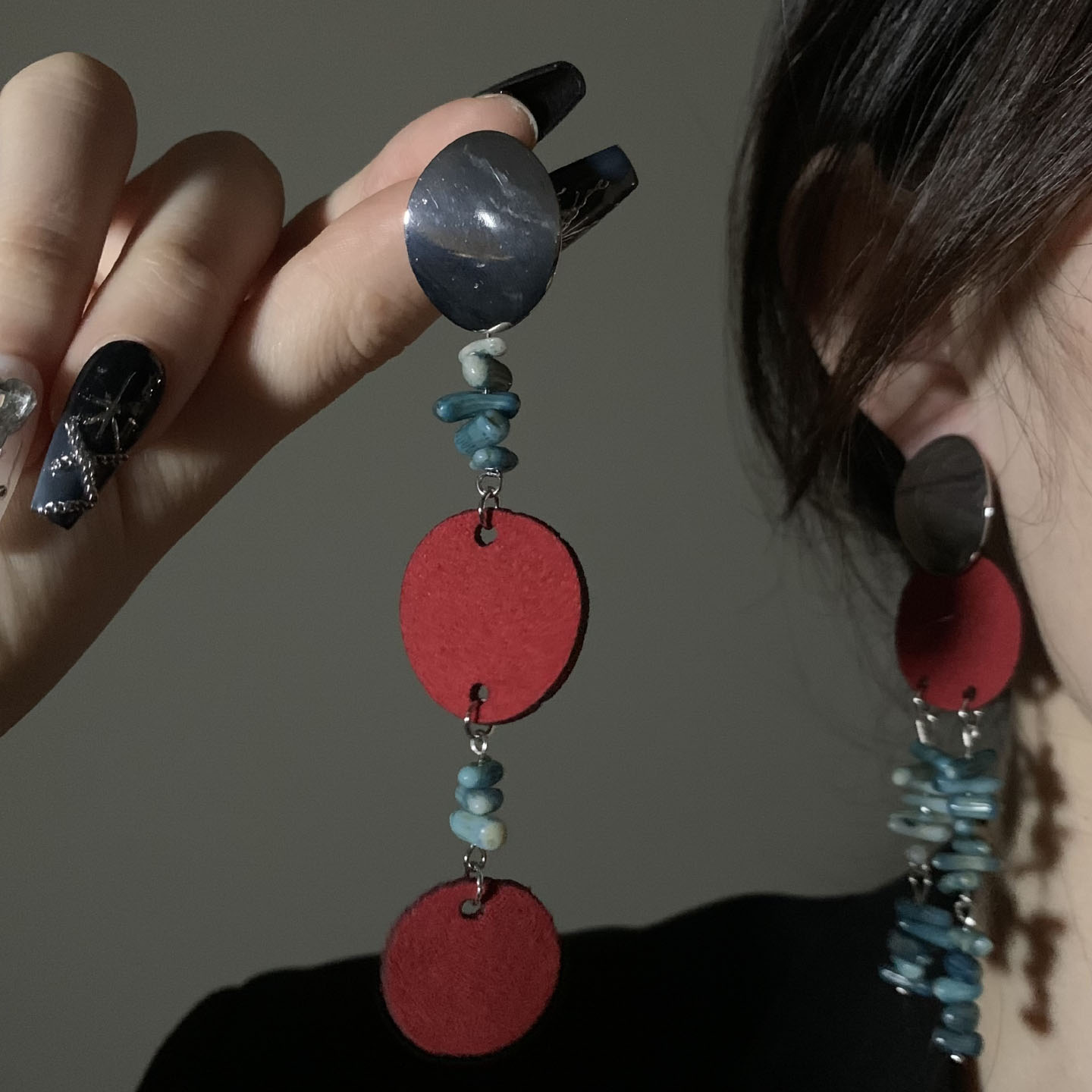 HEY TAO不对称天然石串珠撞色耳环女高级感耳钉小众夸张个性耳饰