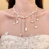 HEY TAO复古贝壳星月流苏珍珠项链女款 小众设计高级感锁骨链颈链