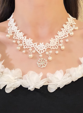 HEY TAO闪钻吊坠珍珠蕾丝颈带项链复古温柔气质颈链choker锁骨链