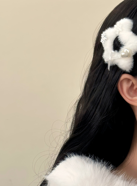 HEY TAO冬日白色雪花毛绒五角星星发夹甜美少女感刘海夹发饰发卡