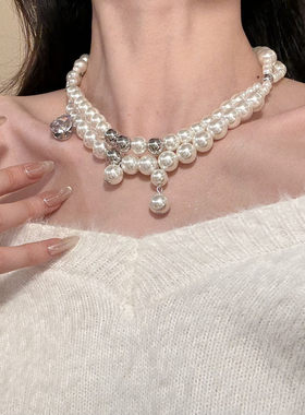 HEY TAO复古闪锆双层珍珠choker项链女轻奢气质锁骨链高级感颈链