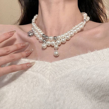 HEY TAO复古闪锆双层珍珠choker项链女轻奢气质锁骨链高级感颈链