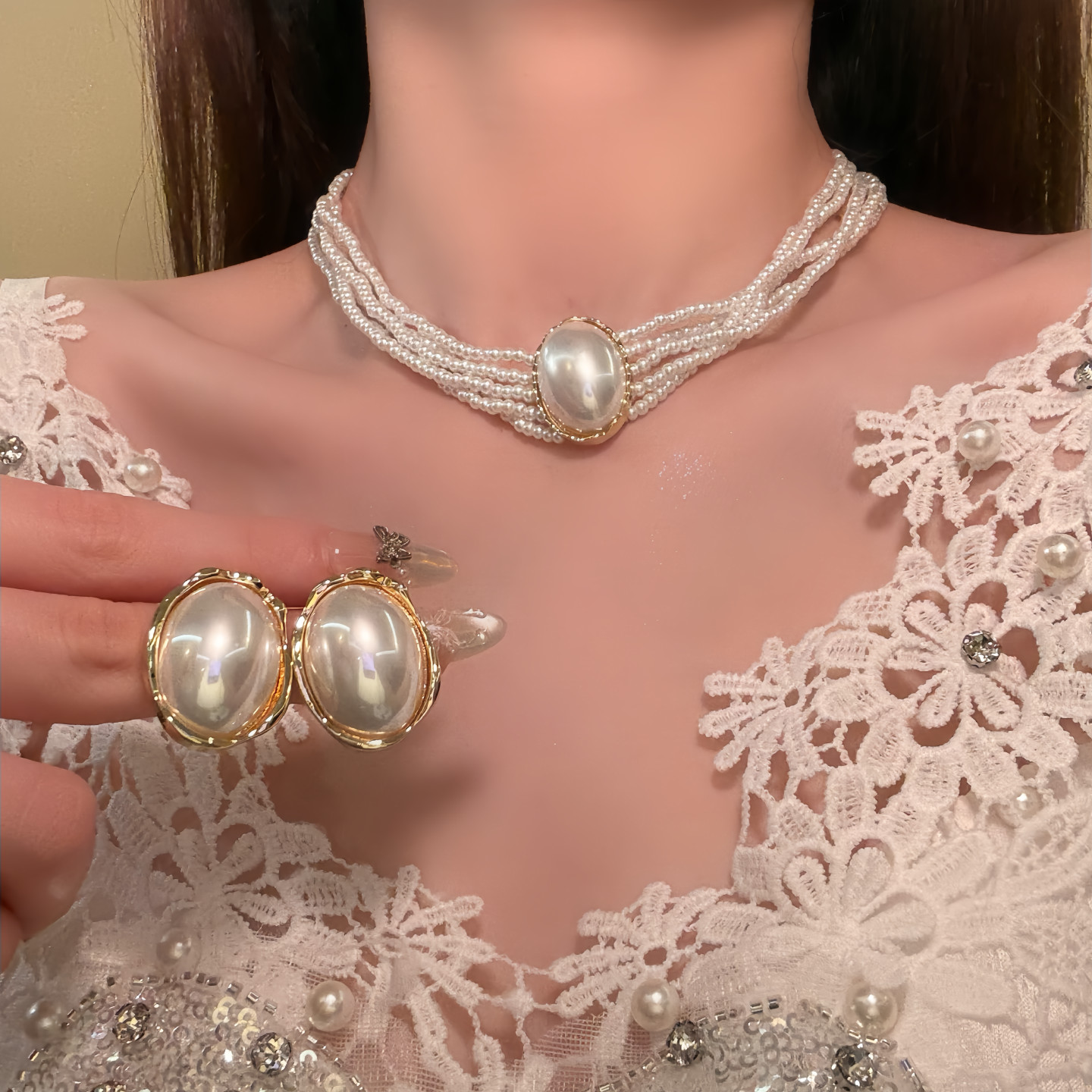 HEY TAO法式复古多层珍珠choker叠戴项链优雅气质颈链配饰锁骨链