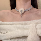 HEY TAO精致毛球雪花珍珠choker满钻锆石项链女轻奢时尚 气质颈链