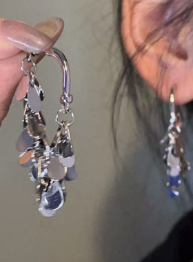 HEY TAO银色冷淡风亮片流苏耳钉女款小众设计感耳环潮流个性耳饰