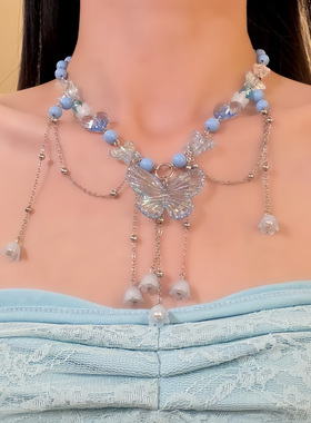 HEY TAO复古蓝色串珠花朵蝴蝶choker流苏项链甜美气质颈链锁骨链
