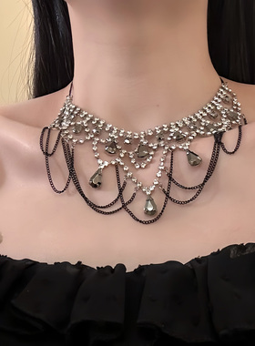 HEY TAO重工复古满钻黑水晶流苏项链轻奢宴会礼服颈链配饰锁骨链