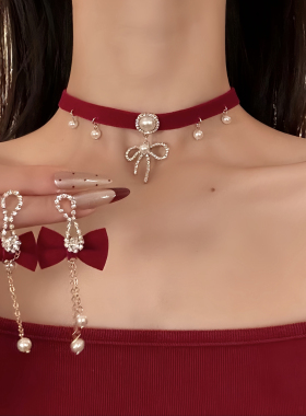 HEY TAO复古红色丝绒珍珠蝴蝶结choker项链女毛衣链气质颈链配饰