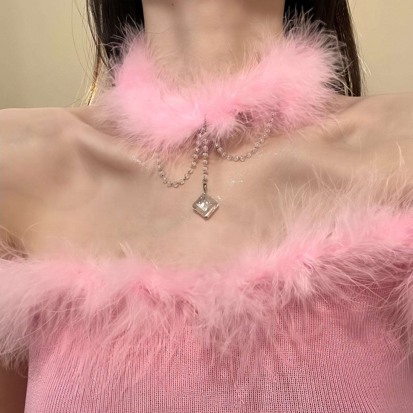 HEY TAO冬日甜美粉色毛绒choker颈链女超仙纯欲气质项链脖子配饰