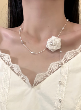 HEY TAO韩系精致珍珠花朵项链长款抽拉锁骨链配饰超仙气质颈链女