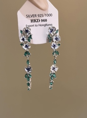 HEY TAO春夏季蓝色花朵流苏耳钉女复古莫奈油画风耳环高级感耳饰