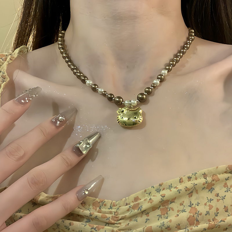 HEY TAO复古金色Kitty猫吊坠项链女时尚百搭甜酷风串珠锁骨链配饰