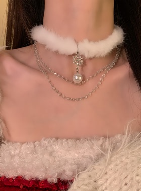 HEY TAO圣诞节精致雪花珍珠毛绒choker项链女秋冬气质毛衣链颈链