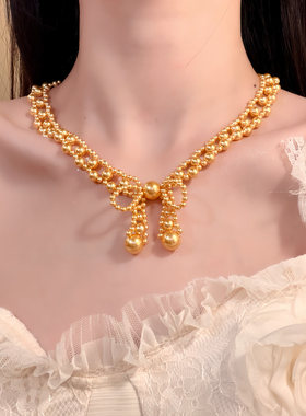 HEY TAO复古金色蝴蝶结珍珠choker项链女独特气质颈链配饰锁骨链