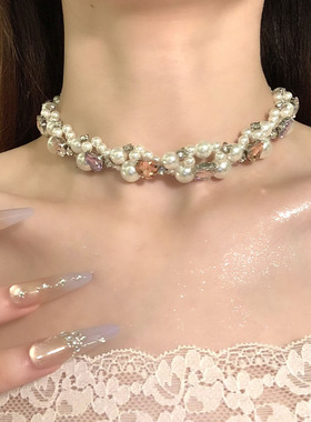 HEY TAO彩色水晶爱心珍珠choker气质颈链女高级感项链配饰锁骨链