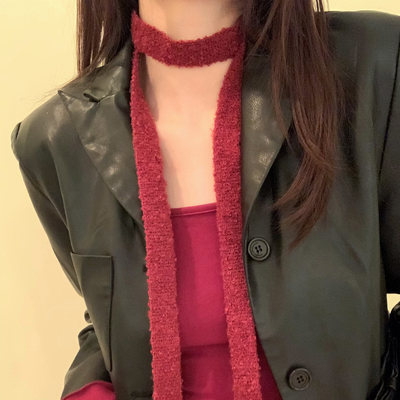 HEY TAO秋冬季红色毛绒围脖颈带项链女氛围感长款针织毛衣链配饰