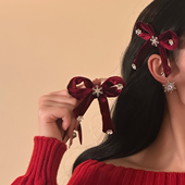 HEY TAO新年红色丝绒蝴蝶结发夹女款 百搭甜美气质侧边夹发饰发卡