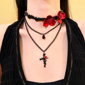 HEY TAO暗黑哥特风花朵十字架项链多层叠戴颈链辣妹高级感锁骨链