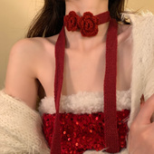 HEY TAO圣诞节氛围感红色针织花朵毛绒项链女围脖颈带配饰毛衣链