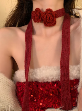 HEY TAO圣诞节氛围感红色针织花朵毛绒项链女围脖颈带配饰毛衣链