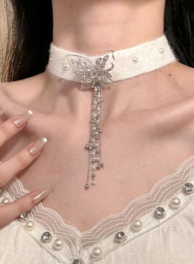 HEY TAO白色丝绒蝴蝶流苏choker秋冬氛围感锁骨链女百搭气质颈链