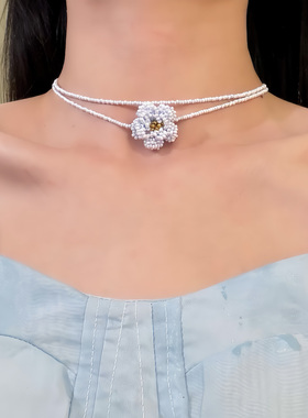 HEY TAO春季甜美蓝色花朵串珠项链女复古多层叠戴锁骨链配饰颈链