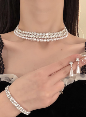 HEY TAO千金感满钻珍珠choker颈链时尚气质宴会晚礼服项链配饰女