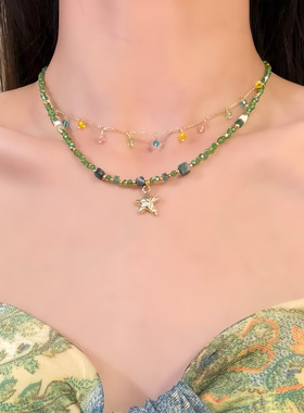 HEY TAO春夏小清新绿色串珠项链女复古小众设计感锁骨链配饰颈链