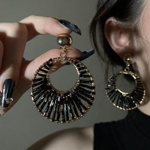 HEY TAO复古黑金几何镂空圈圈耳环女轻奢高级感夸张气质耳夹耳饰