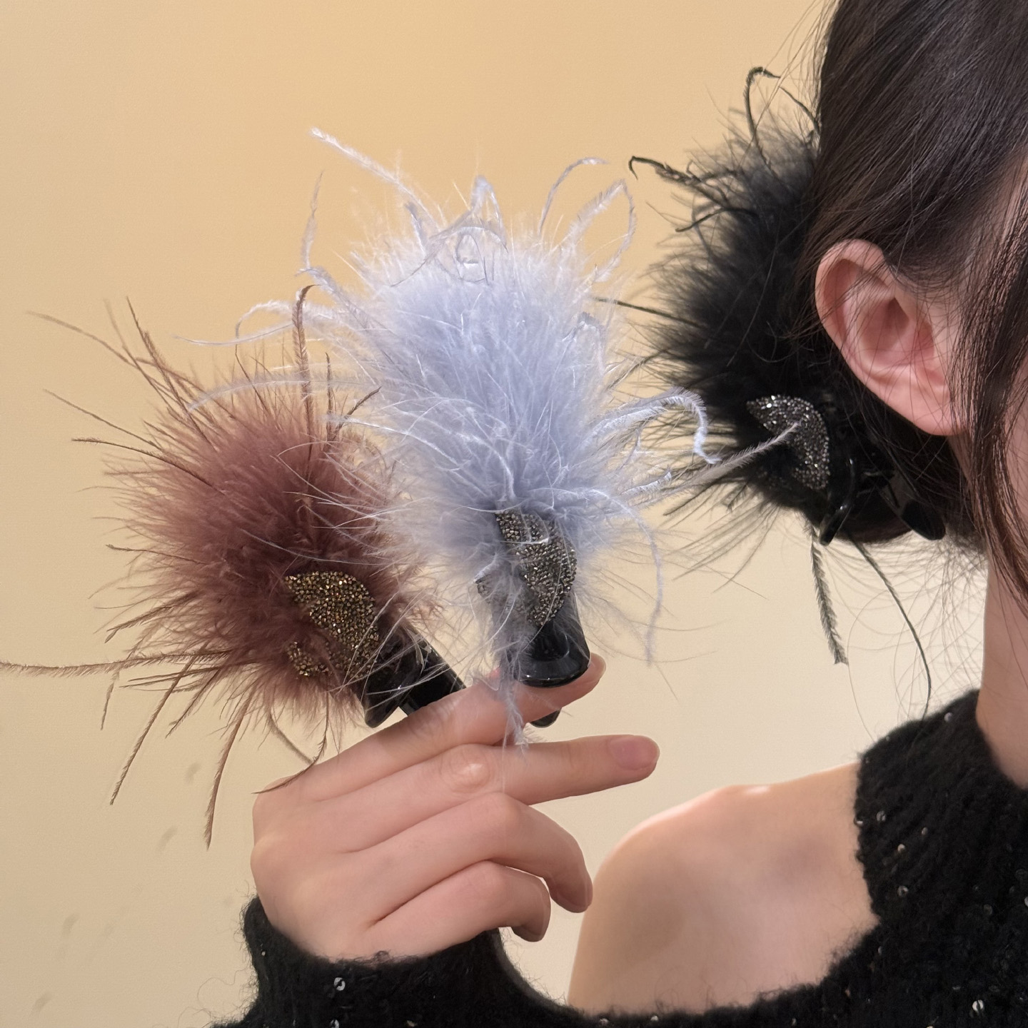 HEY TAO秋冬绝美羽毛鸭嘴抓夹发饰女优雅气质氛围感发夹头饰发卡