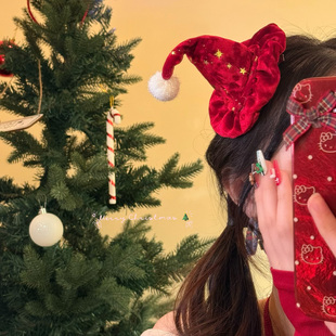 HEY TAO圣诞节红色丝绒圣诞帽发夹女氛围感拍照装饰侧边夹发饰品