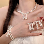 HEY TAO精致法式 镂空蝴蝶结珍珠项链复古温柔气质颈链配饰锁骨链