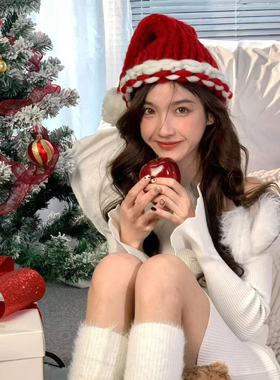 HEY TAO圣诞节红色帽子女秋冬保暖针织毛线帽节日氛围感拍照冷帽